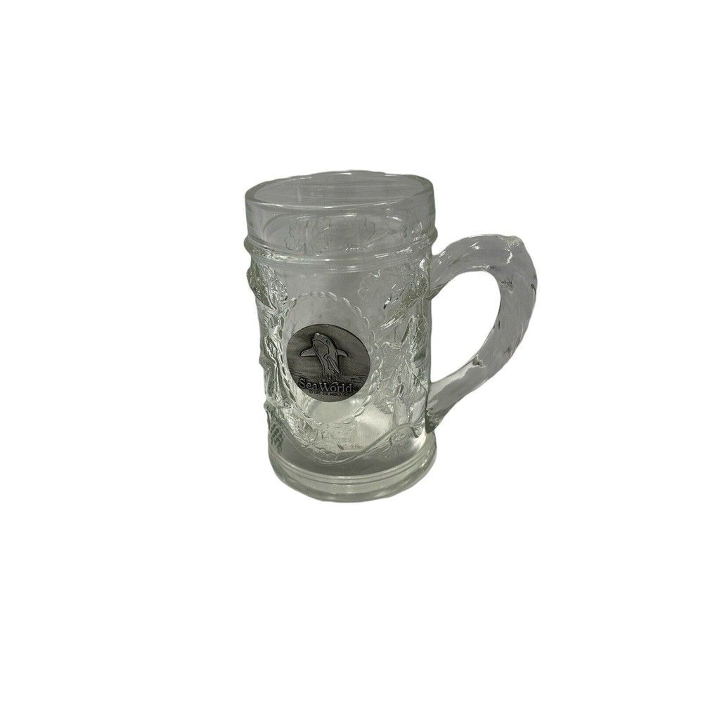 Vintage 1985 SEA WORLD Clear Glass 12oz Mug Grapevine Pewter Whale Medallion 5"